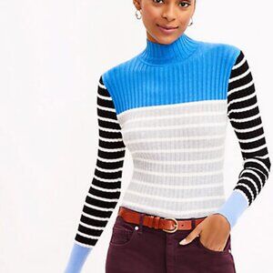 LOFT Colorblock Striped Mock Neck Long Sleeve Fitted Sweater Size l Ribbed NWT